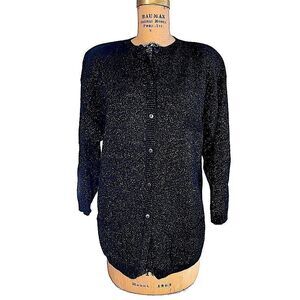 Vintage 80s Carducci Black Lambswool cardigan with gold and green sparkle Medium